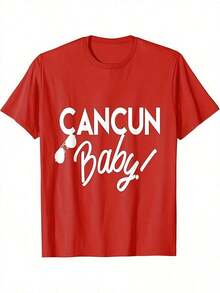 Cancun Print T-Shirt For Men And Women - Vibrant Blue Mexican Vacation Tee With Palm Trees And Prints, Casual Short Sleeve Crew Neck Tee, Perfect For Girls Trips, Spring Break, And Year-Round Travel Souvenirs - Machine Washable & Dry Cleanable, Regular Fit, Comfortable Casual Wear, With Bold White Lettering And Cancun Theme Design. JFJF 100% Cotton - 紅色的 - 查看 1
