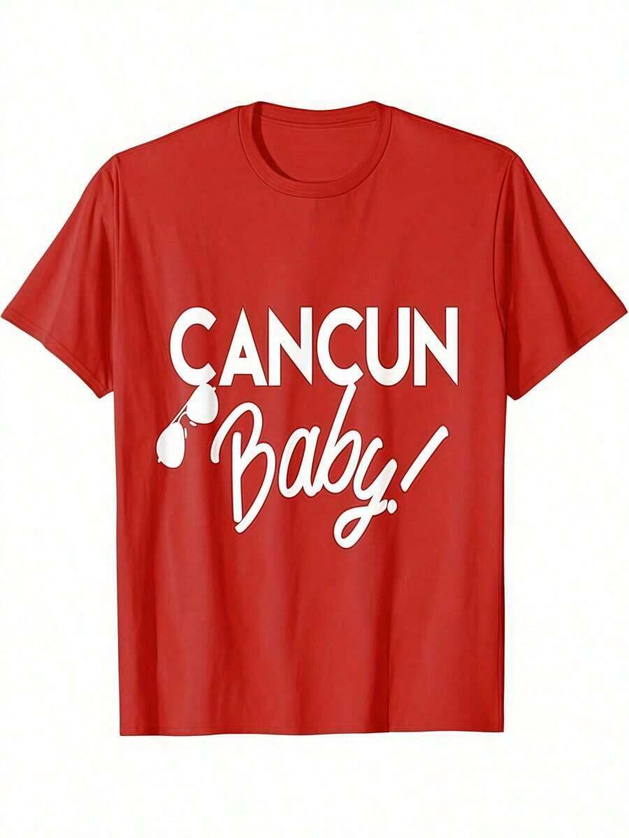 Cancun Print T-Shirt For Men And Women - Vibrant Blue Mexican Vacation Tee With Palm Trees And Prints, Casual Short Sleeve Crew Neck Tee, Perfect For Girls Trips, Spring Break, And Year-Round Travel Souvenirs - Machine Washable & Dry Cleanable, Regular Fit, Comfortable Casual Wear, With Bold White Lettering And Cancun Theme Design. JFJF 100% Cotton - 紅色的 - 查看 1