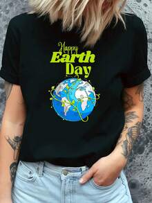 T-Shirt With Large Logo And Print For Earth Day And Mother's Day, New 2026 Collection, Round Neck, Modern, Youthful, Casual, Short Sleeve, Sporty, Summer, High Elasticity, Women's Base T-Shirt With Colorful Print, Elegant Party Outfit, T-Shirt For Elegant Ladies, Blouses Suitable For Curvy Women, Casual Clothing, Cool And Sweat-Free Clothing In Summer, Fun Letter Print - 黑色 - 查看 1