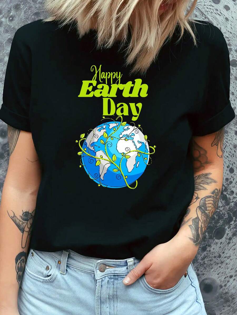 T-Shirt With Large Logo And Print For Earth Day And Mother's Day, New 2026 Collection, Round Neck, Modern, Youthful, Casual, Short Sleeve, Sporty, Summer, High Elasticity, Women's Base T-Shirt With Colorful Print, Elegant Party Outfit, T-Shirt For Elegant Ladies, Blouses Suitable For Curvy Women, Casual Clothing, Cool And Sweat-Free Clothing In Summer, Fun Letter Print - 黑色 - 查看 1