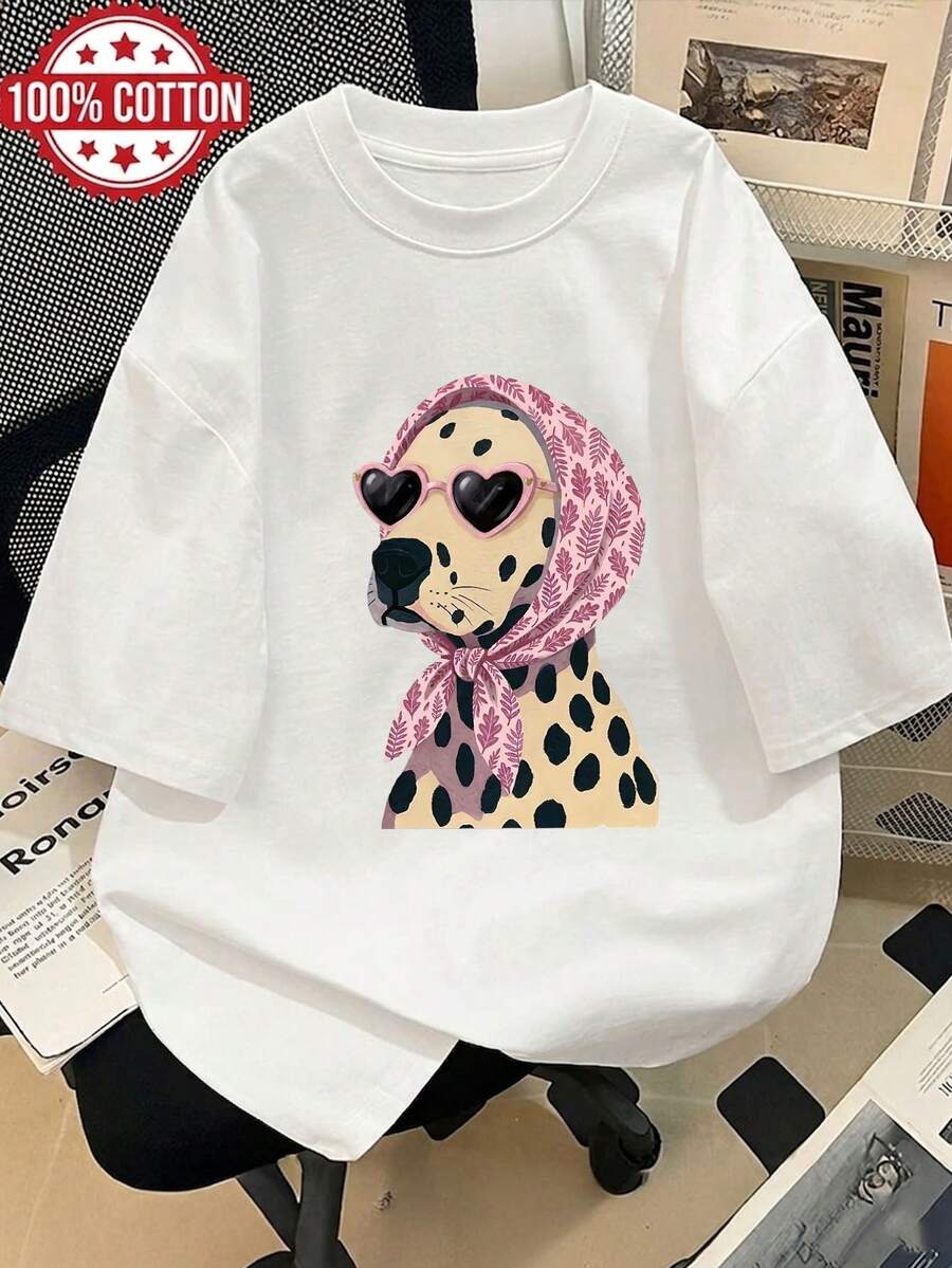 Women's 100% Cool Dalmatian Graphic T-Shirt | Retro Print "Dog With Fashion Glasses And Pink Scarf" Casual Loose Short Sleeve Comfortable Top For Dog Lovers And Everyday Wear - 白色 - 查看 1