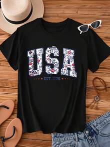 TrendyFashion Women's Graphic T-Shirt, Casual Loose Fit, Round Neck, Short Sleeve, Floral Print With "USA Est 1776" Design, Ideal For Daily Wear And Patriotic Events. - 黑色 - 查看 4