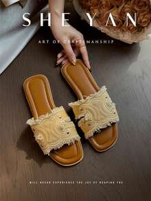Triomphe-Style Embroidery ~2026. French-Style Embroidered Fringe Slides With A Relaxed Vibe, Flat Soles For Comfort And Versatile Wear. New Genuine Leather Denim Flip-Flops For Women In Summer. - 杏色 - 查看 4