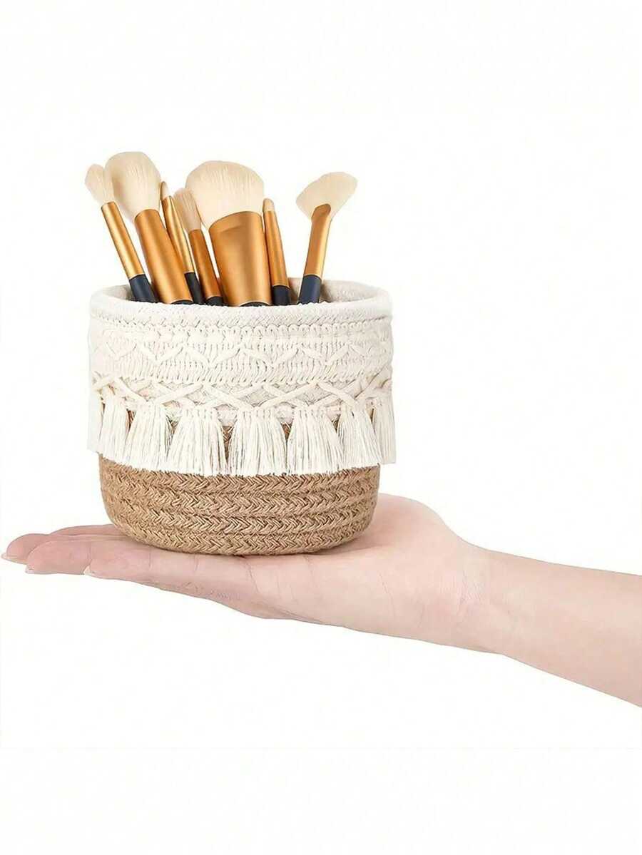 Tassel Desktop Storage Basket, Makeup Brush Storage Box, Round Woven Storage Basket, Suitable For Storing Makeup Brushes, Hair Clips And Hair Accessories, Suitable For Storing Earphones And Data Cables, Miscellaneous Storage Box, Remote Control Storage Basket, Suitable For Living Room, Bedroom And Garden, Suitable As A Gift For Friends, Wedding Souvenir, Birthday Gift - Multicolor - View 1