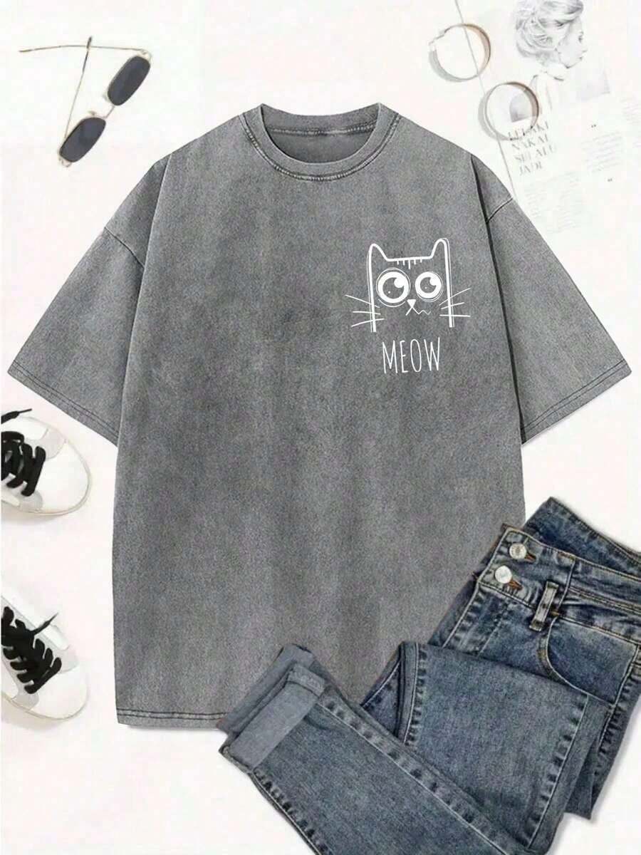 Women's & Men's Women's & Men's Women's & Men's Fun Cat-Themed Print, Washed, High-Quality Vintage Batik Fashion Brand, Popular For Everyday Wear, Perfect Gift For Holidays, Christmas And Thanksgiving. - 灰色 - 查看 1