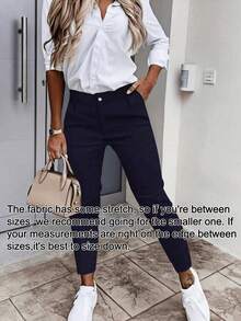 Pantalones de mujer, talla grande, pantalones capri de color azul sólido con estiramiento, con bolsillos, cierre de cremallera y botón, uso casual y de oficina, adecuado para ir al trabajo, diario, vacaciones, Navidad, versátil, tela elástica, se recomienda elegir el tamaño según la medida de la cintura, primavera - Azul Marino - Ver 4