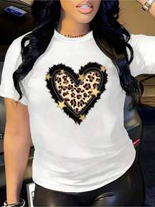 YOCASA Women's Casual Summer T-Shirt, Round Neck, Fitted, Short Sleeve, With Oil Painting Print, Floral, Heart, Cherry, And Letter Patterns. Simple Casual Fabric, Sporty Style, Ideal For Everyday Wear And Valentine's Day Dates. 1 Piece, 180g Pure Heavy, 95% Polyester 5% Spandex. - 白色 - 查看 1