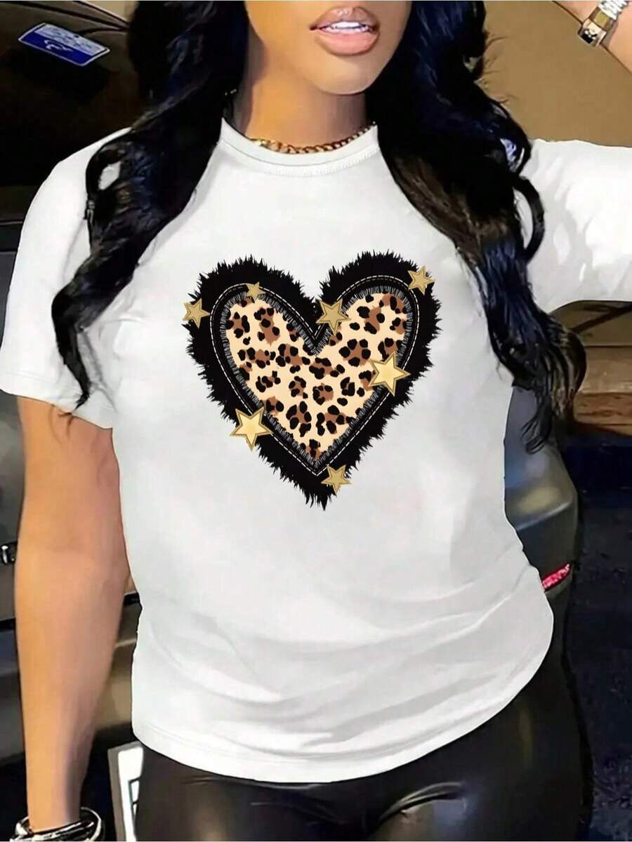 YOCASA Women's Casual Summer T-Shirt, Round Neck, Fitted, Short Sleeve, With Oil Painting Print, Floral, Heart, Cherry, And Letter Patterns. Simple Casual Fabric, Sporty Style, Ideal For Everyday Wear And Valentine's Day Dates. 1 Piece, 180g Pure Heavy, 95% Polyester 5% Spandex. - 白色 - 查看 1