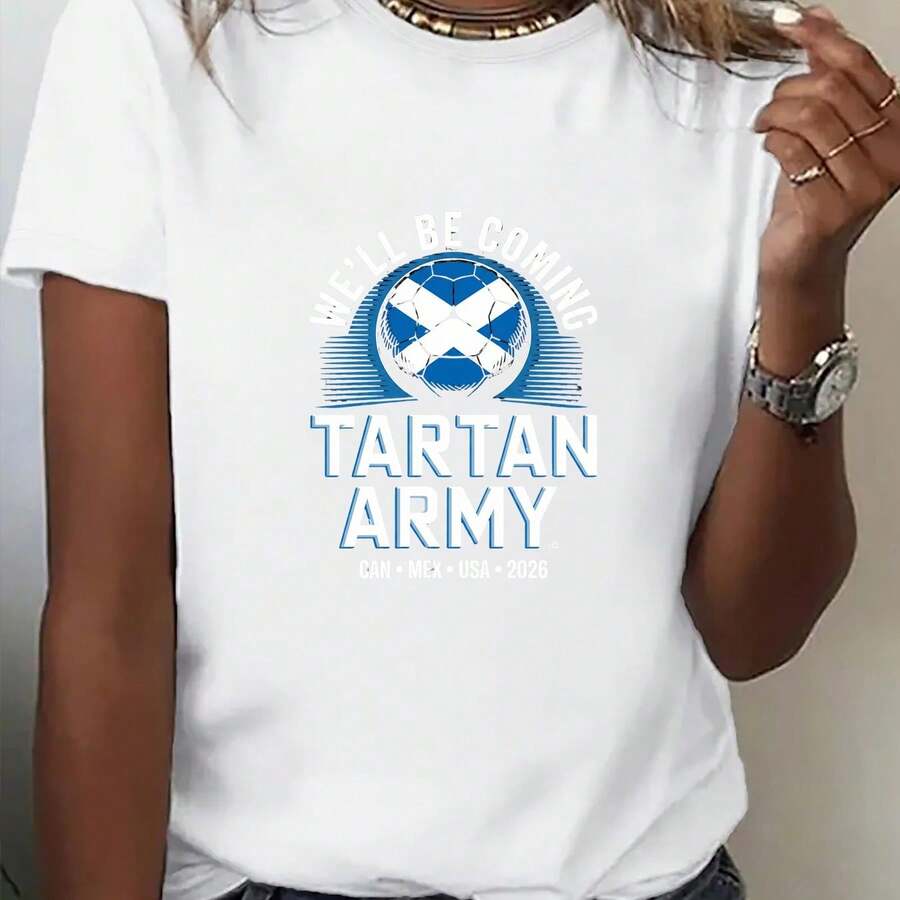 Women's Printed Crew Neck T-Shirt, USA-Mexico Clothing Series, Fan Support Style With Army Tartan Print, Creating An Atmosphere And Style For Watching Games. Clothing For Football Enthusiasts, Cheerleading Outfit. New Comfortable Short Sleeve T-Shirt For Spring/Summer - 白 - 查看 1