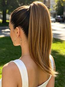 14-Inch Short Straight Brown Claw Ponytail Hair Extensions, Heat-Resistant Synthetic Ponytail Wig Suitable For Girls, Women, Parties, And Daily Use - Brown Highlight - View 8