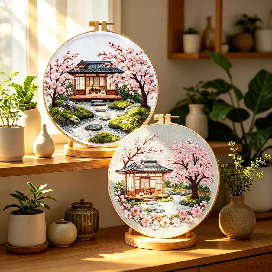 Japanese Sakura Garden Embroidery Kit, Beginner Friendly With Embroidery Hoop, Oriental Home Decor Artwork