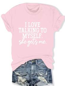Camiseta de manga corta con estampado, cuello redondo casual, etiqueta de talla para mujer. - Rosa - Ver 1