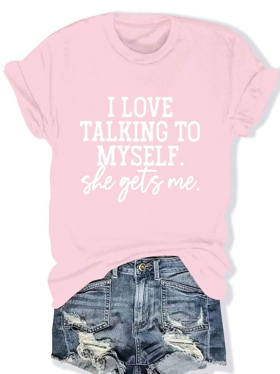 Camiseta de manga corta con estampado, cuello redondo casual, etiqueta de talla para mujer. - Rosa - Ver 1