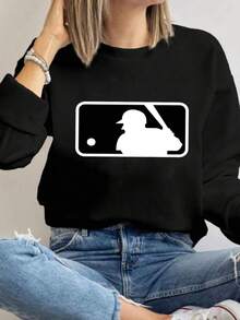 MSUCC|Women's Basic Crew Neck T-Shirt, Printed, American Style, Modern And Youthful Design, Suitable For All Seasons And Daily Wear, With Soft Fabric|Women's Baseball Player Silhouette Print Sweatshirt - 黑色 - 查看 1