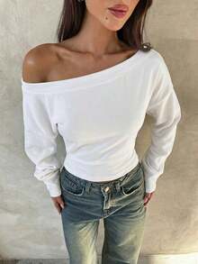 Top de manga larga asimétrico de hombro de punto de color albaricoque para mujer, otoño/invierno - Blanco - Ver 5