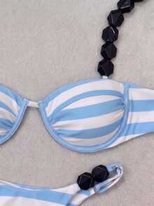Bikini de mujer con tirantes de cuentas a rayas azules, estilo europeo y americano, para vacaciones y playa de verano - Multicolor - Ver 4