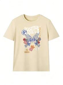 Blue Butterfly T-Shirt With "Positive World" Text, Fashionable Short-Sleeve T-Shirt For Spring/Summer 2026, Made In Mexico, 180 Grams. Cartoon Print, Couple Design, Suitable For Indoor Or Outdoor Wear. Crew Neck, Unisex, Ideal For The Office And Leisure. One-Pack. - APR-P631577SLNDXZGY627 - 查看 2