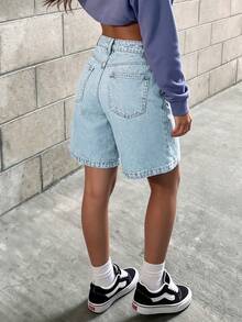 Quần short denim dáng rộng, đơn sắc, có túi Bermuda dành cho nữ - Rửa nhẹ - Xem 6