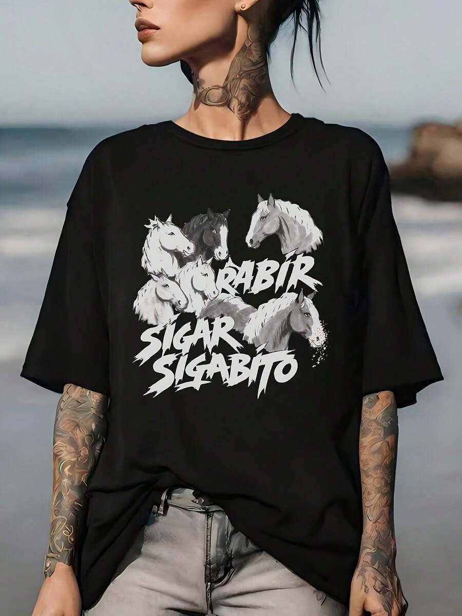 180g T-Shirt With Horse Print, Suitable For Family Gatherings - Perfect Gift For Easter Parties, Casual Daily Wear And Company Team Building Activities. - 黑色 - 查看 1