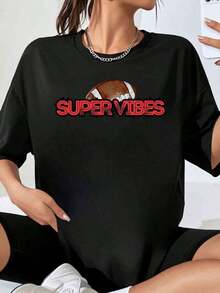 Women's Super Vibes Football Print T-Shirt, Oversized Tee, Casual Urban Style Clothing, Fashionable Sports T-Shirt - 黑色 - 查看 1
