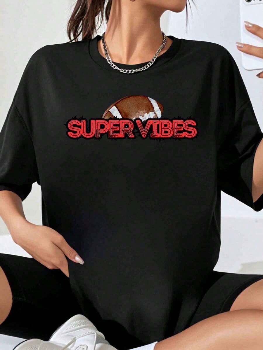 Women's Super Vibes Football Print T-Shirt, Oversized Tee, Casual Urban Style Clothing, Fashionable Sports T-Shirt - 黑色 - 查看 1