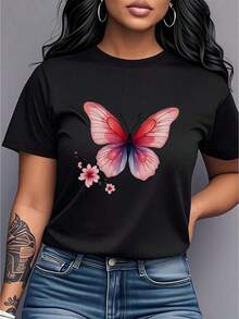 Women's T-Shirt With Butterfly And Flower Print - Short Sleeve, Round Neck, Casual Style, Soft Blouse For Everyday Wear, Dates, And Summer Outfits - Machine Washable, Ideal Gift For Casual Wear. Suitable As A Gift. Women's T-Shirt. Blouses > Elegant. Boho Chic. Soft, Breathable, And Comfortable Women's Top, Ideal For Spring, Summer, And Fall, Perfect For Vacations, Travel, And Everyday Wear. - 黑色 - 查看 1