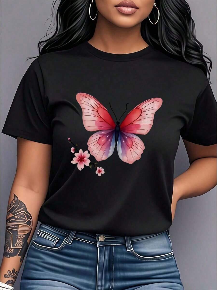 Women's T-Shirt With Butterfly And Flower Print - Short Sleeve, Round Neck, Casual Style, Soft Blouse For Everyday Wear, Dates, And Summer Outfits - Machine Washable, Ideal Gift For Casual Wear. Suitable As A Gift. Women's T-Shirt. Blouses > Elegant. Boho Chic. Soft, Breathable, And Comfortable Women's Top, Ideal For Spring, Summer, And Fall, Perfect For Vacations, Travel, And Everyday Wear. - 黑色 - 查看 1