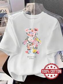 New Women's Floral And Bear Print T-Shirt, Stylish And Casual Printed Tee, Round Neck, Short Sleeves, Breathable And Sweat-Wicking, Comfortable And Stylish Loungewear, Suitable For Spring, Summer, And Autumn. Enhance Your PSJU Look - 白色 - 查看 1