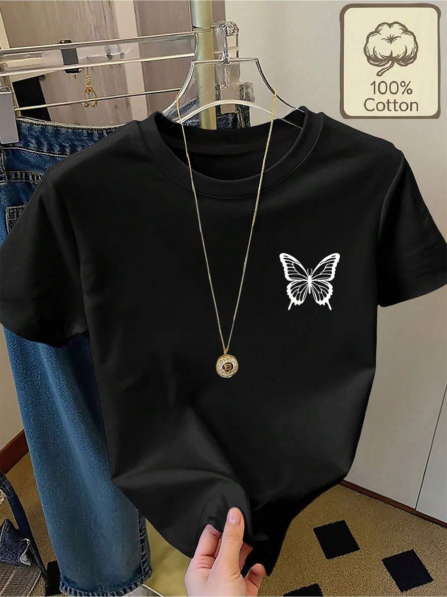 Women's T-Shirt, 100% Pure Cotton, Printed With A White Butterfly Design, Short-Sleeved T-Shirt With Round Neck, Summer Clothing, Comfortable And Breathable, Summer Clothes For Women, Tops For Women. - 黑色 - 查看 1