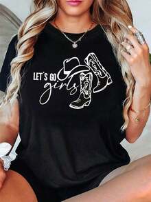 Women's Short-Sleeved Crew Neck T-Shirt, Western Cowboy Style, With 'Let's Go' Print, For Spring And Summer. Suitable As A Gift. Women's T-Shirt. Blouses > Elegant. Boho Chic. Soft, Breathable, And Comfortable Women's Top, Ideal For Spring, Summer, And Autumn, Perfect For Holidays, Travel, And Everyday Wear. - 黑色 - 查看 7
