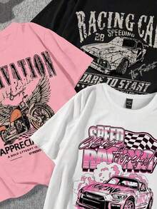 1 piezas/set de camisetas de manga corta ajustadas con estampado de cactus y coche vintage minimalista casual para mujer, verano - Blanco - Ver 3