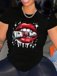 100% Algodón Premium: Camiseta única Y2K con diseño audaz de labios rojos y billetes que gotean, perfecta para destacar en cualquier ocasión, ideal para amantes del estilo urbano y de moda, imprescindible en tu guardarropa, compra tu pieza única hoy.- Ropa de Moda Casual Suave y Transpirable para Diario - Negro - Ver 1