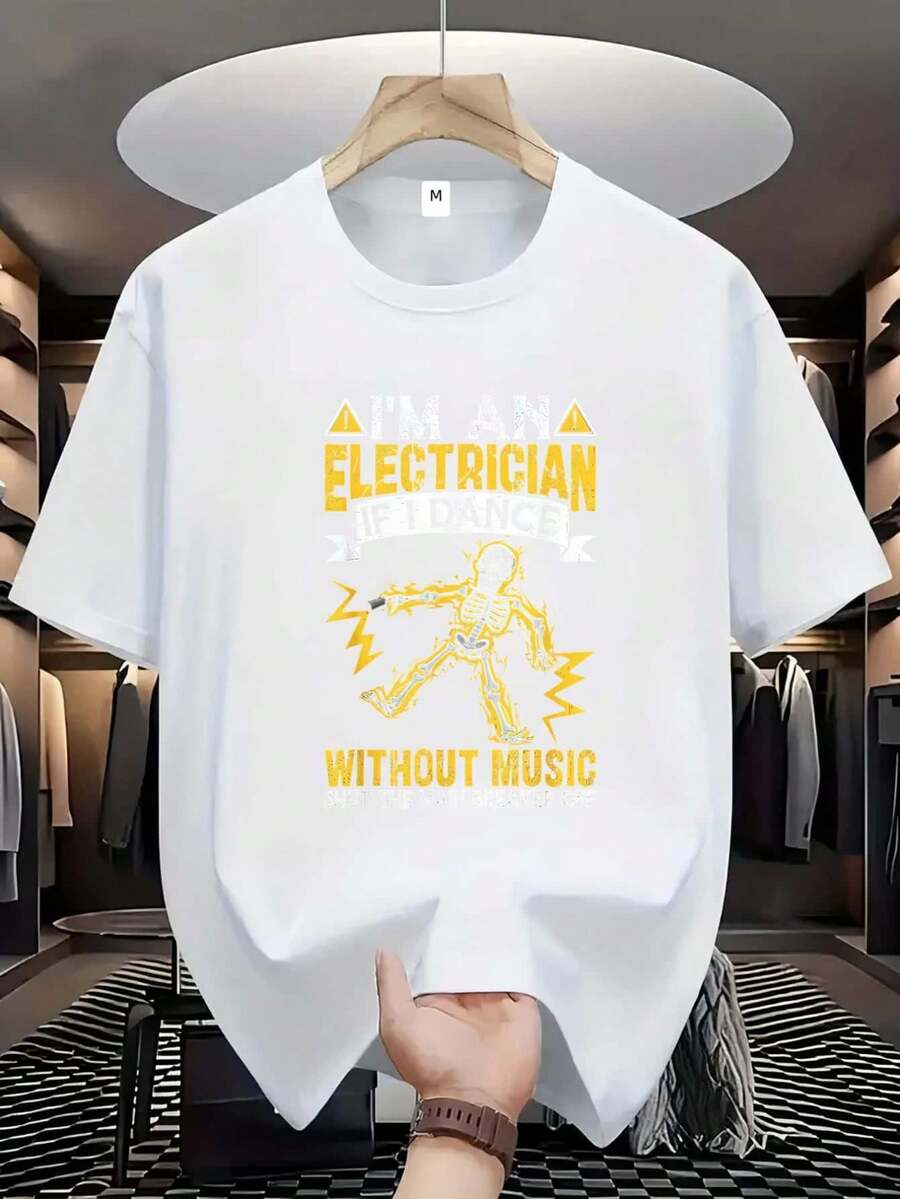 Men's Casual Short Sleeve T-Shirt - Breathable Summer Crew Neck T-Shirt, Fashionable "Electrician" Print, Machine Washable, Regular Fit, Suitable For Casual Wear, Summer Casual Clothing. - 白色 - 查看 1