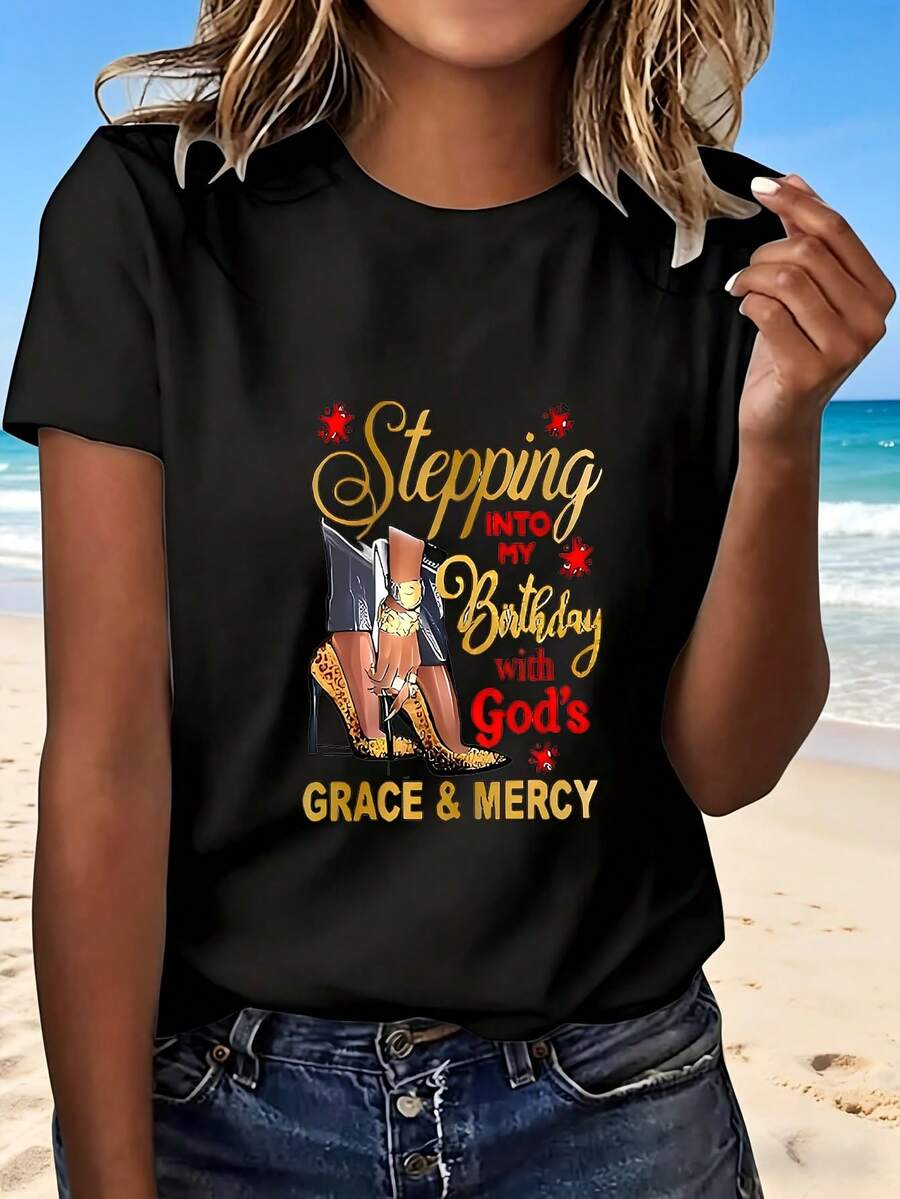 Stepping Into My Birthday With Gods Grace And Mercy T Shirt Fashion Design Religious Statement Women Casual Top Perfect Gift For Special Occasion Birthday Celebration Church Wear Elegant Style Comfortable Fit - 黑色 - 查看 1