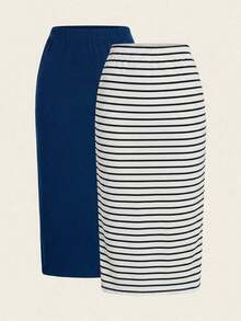 2 piezas Conjunto de falda casual de mujer a rayas y de unicolor, Conjunto a juego, Falda, Faldas para mujer, Falda a rayas, Casual - Azul y blanco - Ver 2