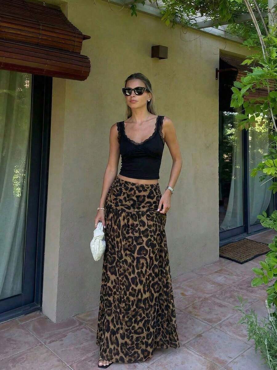 Falda larga plisada con cierre asimétrico de gasa blanca elegante y minimalista para mujer, adecuada para verano, playa, vacaciones y uso casual - Multicolor - Ver 1