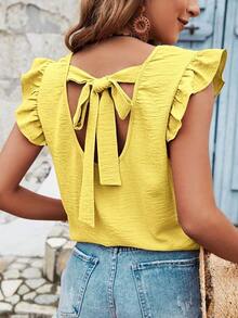 Blusa de verano para mujer con espalda cruzada, volantes y color sólido - Amarillo - Ver 1