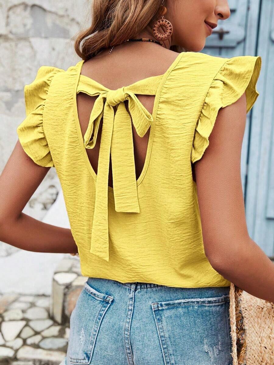 Blusa de verano para mujer con espalda cruzada, volantes y color sólido - Amarillo - Ver 1