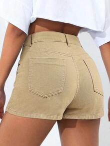 PETITE Short vaquero sexy con bolsillo frontal, cruce de cintura y abotonado para mujer - Caqui - Ver 2