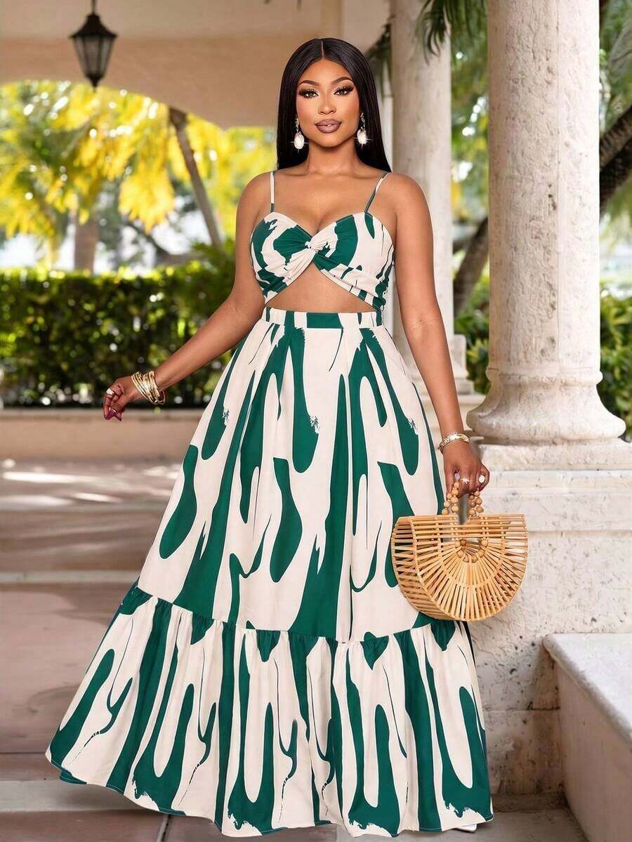 Vestido maxi elegante y casual para mujer de talla grande con estampado floral romántico, sin mangas, con cintura ceñida y nudo, tirantes de espagueti, para vacaciones en la playa, primavera y verano, para el verano en Hawái, vestidos de verano p - Verde Oscuro - Ver 1