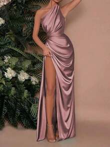 Vestido de verano para mujer , color vino tinto, vestido de fiesta con un hombro, fruncido elástico y abertura, adecuado para el Día de San Valentín, citas, reuniones, fiestas, viajes, vacaciones, playa y otras ocasiones - Rosa vieja - Ver 1