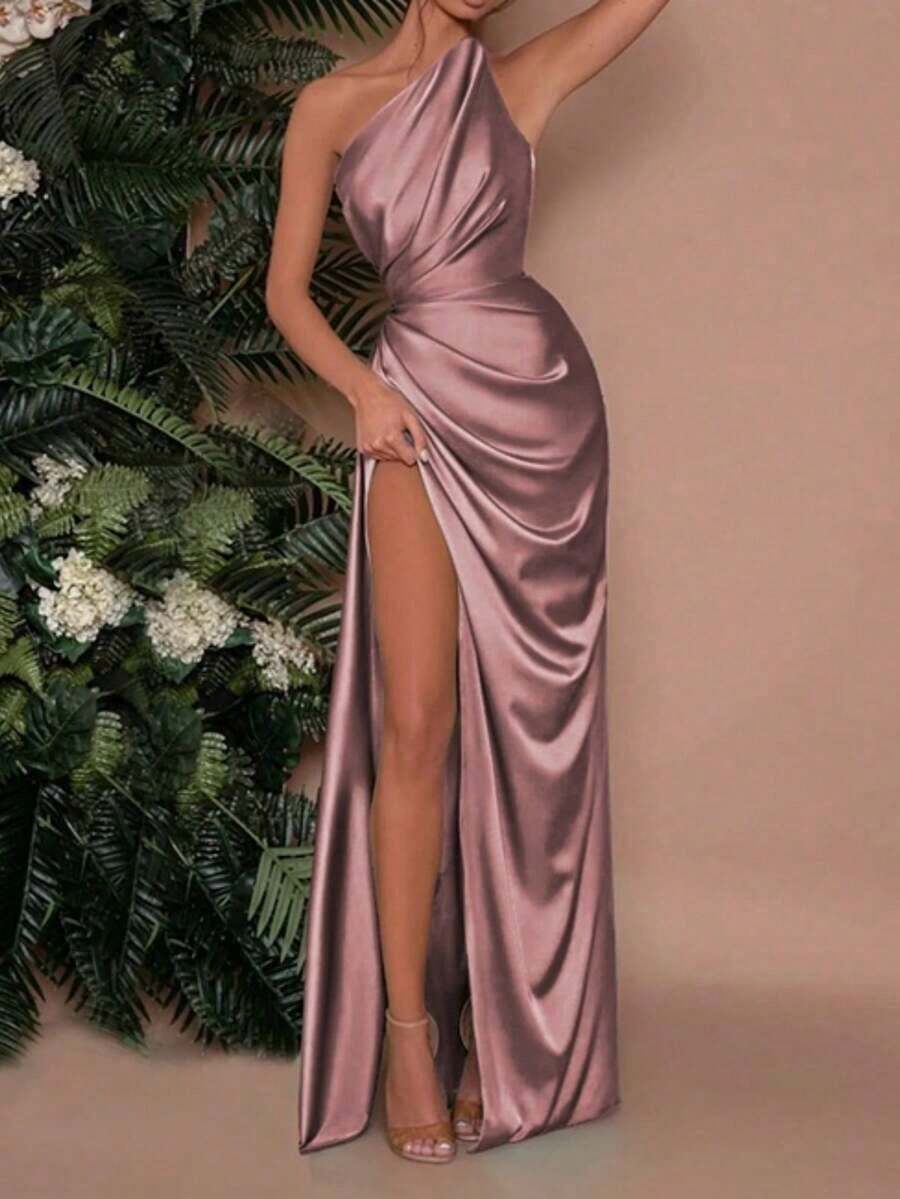 Vestido de verano para mujer , color vino tinto, vestido de fiesta con un hombro, fruncido elástico y abertura, adecuado para el Día de San Valentín, citas, reuniones, fiestas, viajes, vacaciones, playa y otras ocasiones - Rosa vieja - Ver 1
