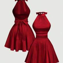 MOD Vestido mini con espalda descubierta, lazo y estampado floral abstracto fluido - Burdeos - Ver 1