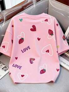 Camiseta estampada de mujer con cuello redondo y lazo con estampado de fresa - Multicolor 2 - Ver 2