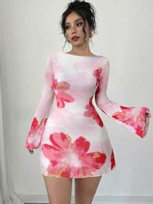 Vestido mini de malla con espalda abierta y estampado floral para mujer, vestido de manga trompeta para el Día de San Valentín, vestido con flores posicionadas, vestido mini de espalda baja, vestidos para vacaciones, vestidos de gran estampado floral para playa y vacaciones, vestido mini de manga de malla, apto para ir al trabajo, elegante, sexy, vacaciones, playa, Hawái, romance, citas, fiesta, concierto, disfraz para actuaciones, temporada de bodas, inicio de curso, Día de San Valentín - Multicolor - Ver 5