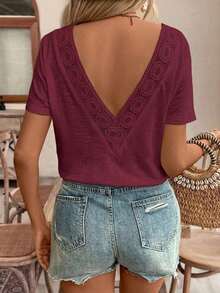 Top con espalda al descubierto y encaje entrelazado, camiseta, blanco imprescindible, conjunto de verano, imprescindible de la temporada de bodas, estilo francés - Burdeos - Ver 5