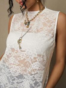 Freevana Blusa sin mangas con estampado floral vintage bohemio y encaje, talla grande, nueva llegada de primavera, adecuada para el Día de San Valentín, festivales de música - Blanco - Ver 3