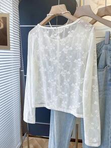 Chaqueta fina de mujer de un solo boton con mangas largas de red de mariposa - Blanco 2 - Ver 2