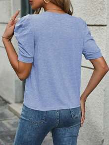 Selamara Camiseta casual de verano para mujer, de unicolor, cuello redondo y manga abullonada - Celeste - Ver 2