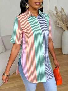 Camisa de mujer de manga corta, ajuste ceñido, con dobladillo curvo dividido, unicolor minimalista, para uso diario y casual en verano - Multicolor 7 - Ver 4